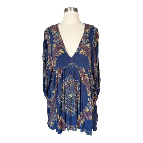 FREE PEOPLE Girl Talk Hi-Low Tunic Dress Midnight 3/4 Balloon Sleeve Medium EUC - Picture 2 of 9